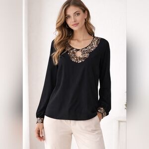 Dana Buchman Silk Embellish Blouse Size 14 Black Metal Disc Gem Special Party